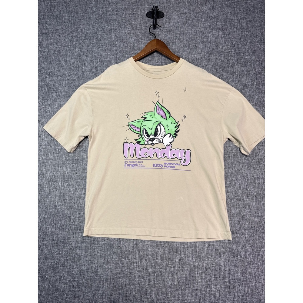 Bershka Graphic T-Shirt Mens Monday Survival Kitty Force | Size S (Fits Medium)
